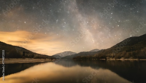 beautiful view of milky way glowing on the sky with mountains and river and reflections of stars