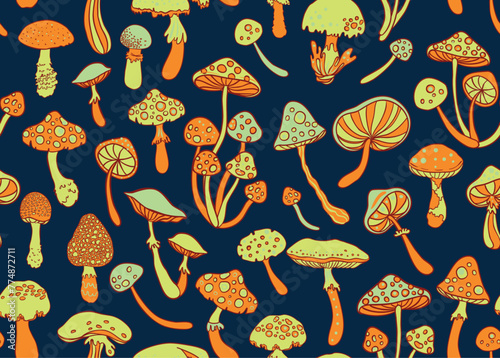 Magic mushrooms. Psychedelic hallucination. Vibrant vector illustration. 60s hippie colorful background, hippie and boho texture. Ttrippy wallpaper.