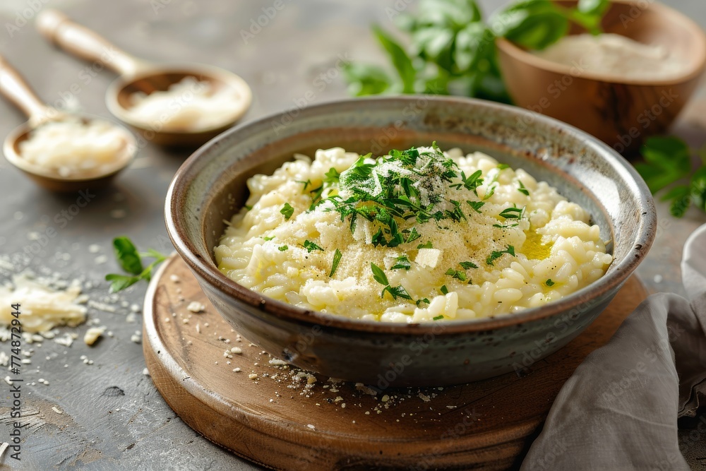 A bowl of creamy risotto garnished with grated Parmesan cheese and fresh herbs. 