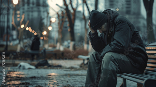 A homeless man sits alone on a bench in a deserted park, his head in his hands, the weight of depression visible in his slumped posture against the backdrop of an uncaring city. photo