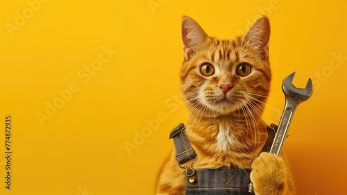 Orange tabby cat dressed as mechanic holding wrench against yellow background