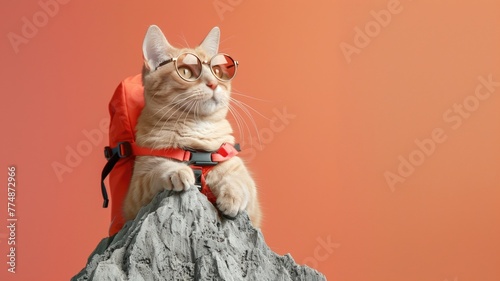 Cat with glasses and backpack sitting atop small rock, against orange background photo