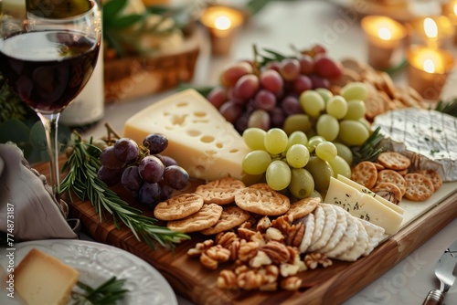 A cheese platter with assorted cheeses, crackers, and fruits for a wine tasting event. 