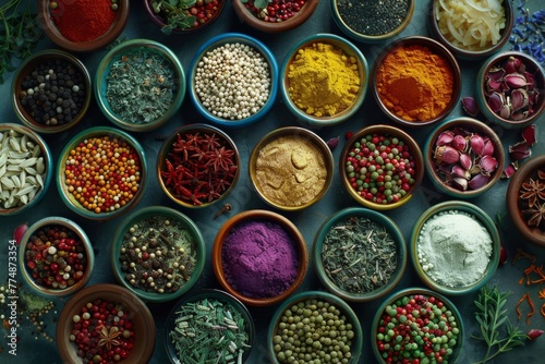 A colorful array of spices and herbs arranged in small bowls