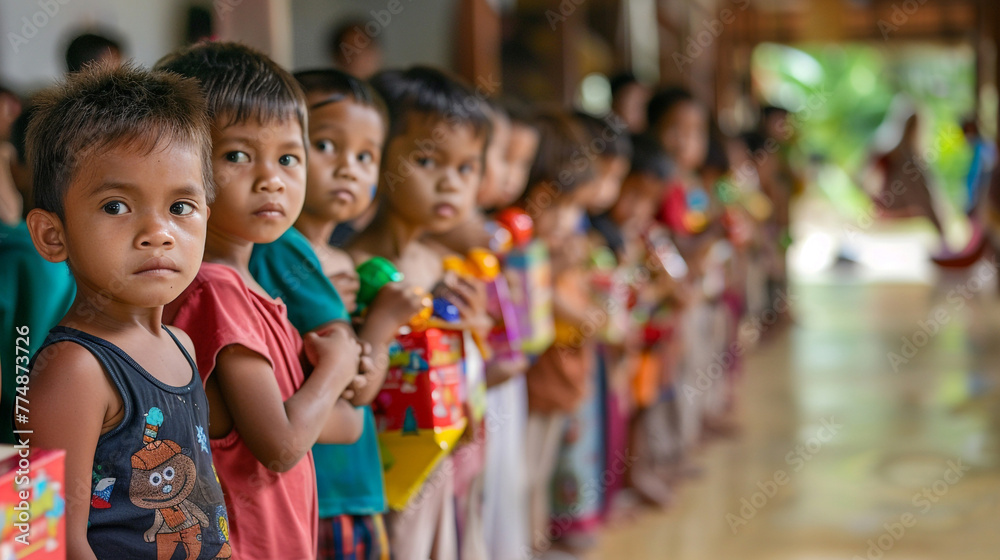 In a modest community center, a line of eager, poor children wait their turn to receive toys from benevolent donors, each child's face a mixture of anticipation and gratitude for the kindness shown.