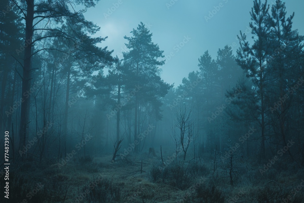 Fototapeta premium Mystical Forest Ambiance: a serene visual, conveying a sense of mystery. The silhouette of majestic pine trees against a misty sky and earthy ground, the perfect embodiment of nature.