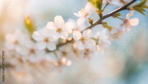 branches of blossoming cherry macro with soft focus on gentle light blue sky background in sunlight with copy space beautiful floral image of spring nature panoramic view