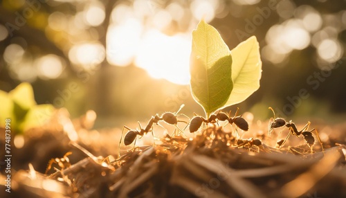 ants carry the leaves back to build their nests carrying leaves close up sunlight background concept team work together photo