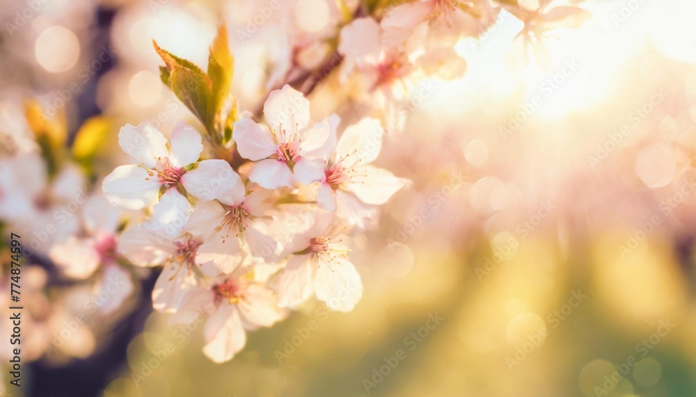 spring blossom background beautiful nature scene with blooming tree and sun flare sunny day spring flowers beautiful orchard abstract blurred background cherry or sakura blossoms springtime
