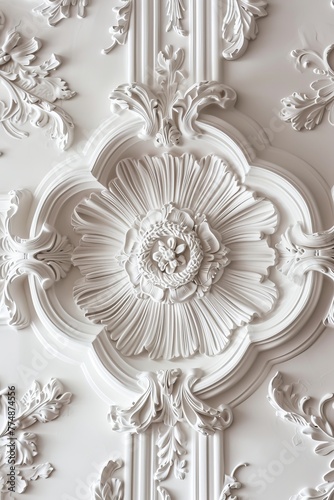 Decorative clay stucco with an ornament on a dark ceiling or wall in an abstract classic white interior 