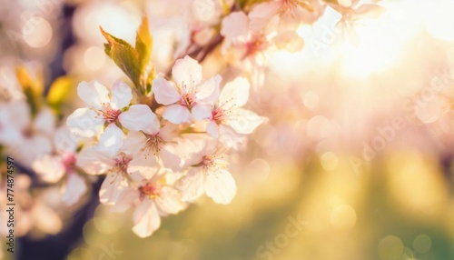 spring blossom background beautiful nature scene with blooming tree and sun flare sunny day spring flowers beautiful orchard abstract blurred background cherry or sakura blossoms springtime