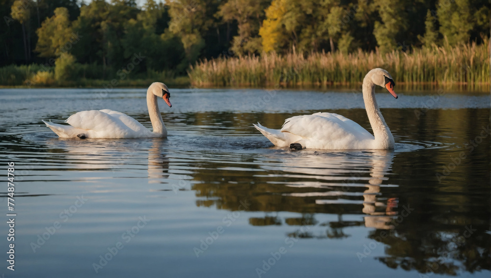 A pair of swans gliding gracefully across the surface of a tranquil pond. A pair of swans gliding gracefully across the surface of a tranquil pond.