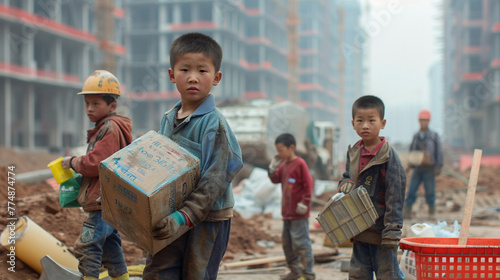 On the future site of a grand commercial edifice, little boys, their youthful energy redirected to the task of moving construction materials photo