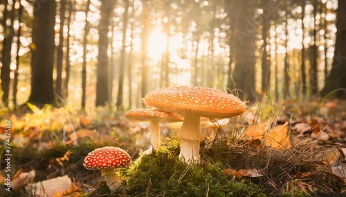 red fly agaric mushrooms in autumn forest fantasy forest nature background