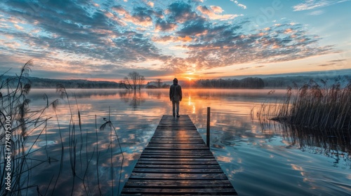 Man standing on a wooden jetty in a lake at sunrise.