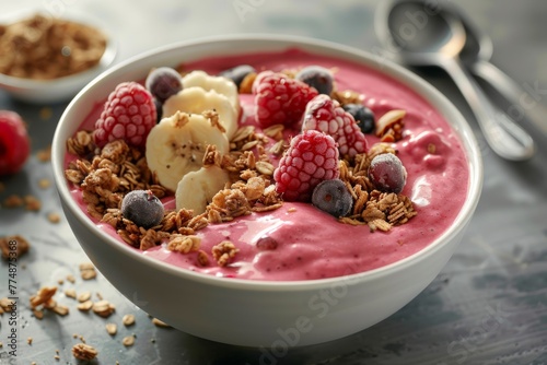 A tropical fruit smoothie bowl or acai bowl topped with granola and fresh berries. photo
