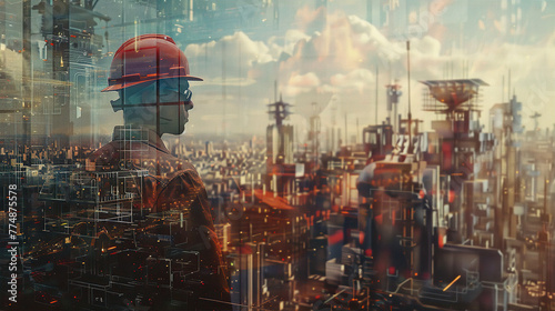 A man in a hard hat stands in front of a city skyline
