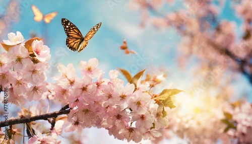 spring banner branches of blossoming cherry against background of blue sky and butterflies on nature outdoors pink sakura flowers dreamy romantic image spring landscape panorama generative ai