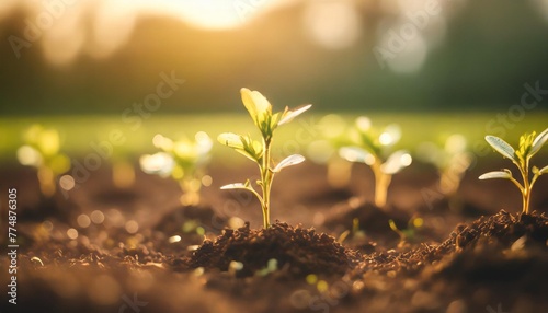 ai generated illustration of tiny green seedlings planted in the soil against a blurred background