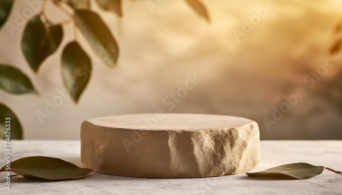 stone pedestal textured on a light background with leaves