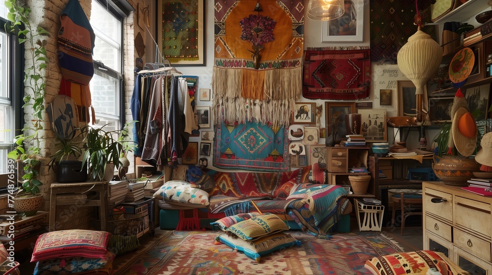 A bohemian fashion designer studio room filled with exotic textiles, tapestries, and eclectic artwork, reflecting a free-spirited vibe