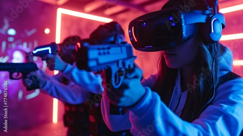 People play war fighting video games with VR headset in virtual world.