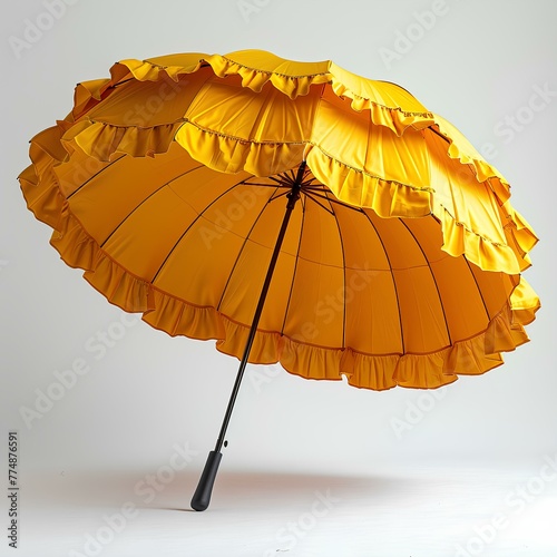 Yellow beach umbrella isolated on white background with shadow. Yellow parasol for beach use isolated. Beach umbrella or parasol for sun protection