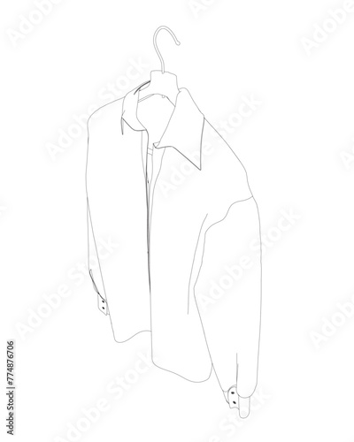 Contour shirt with button down collar isolated on white. Outline of a long sleeved shirt hanging on a hanger made of black lines isolated on a white background. Vector illustration.