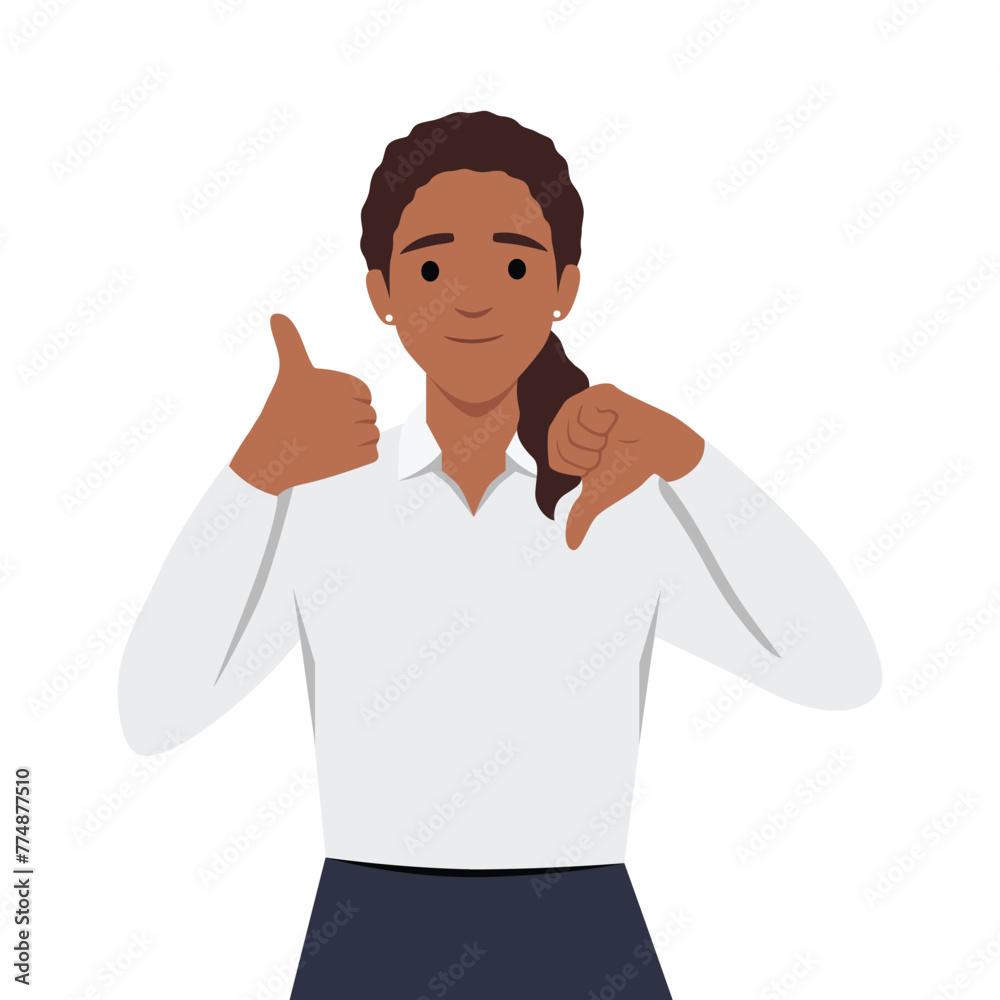 Young black woman showing thumbs up and thumbs down, difficult choose. Flat vector illustration isolated on white background Young black woman showing thumbs up and thumbs down, difficult choose. Flat vector illustration isolated on white background