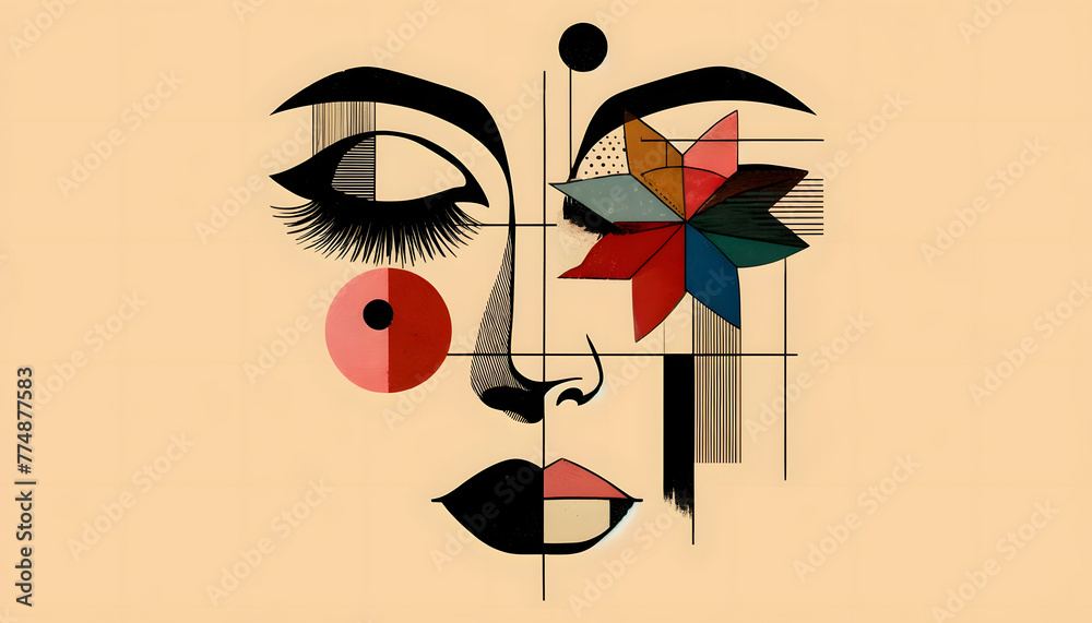 An abstract portrait collage with a beige background. The face is drawn ...