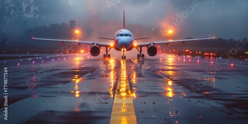 "Rain-soaked runway reflecting the lights of a passenger plane