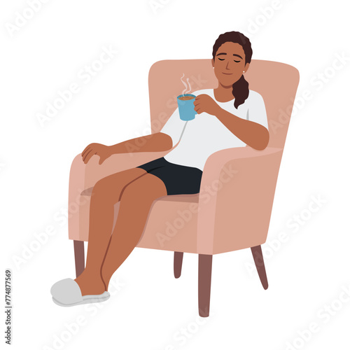 Young woman relaxing at home and getting coffee break concept. Flat vector illustration isolated on white background