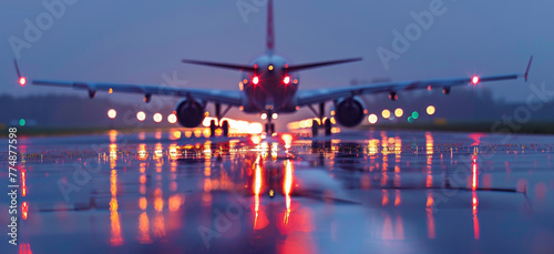 "Rain-soaked runway reflecting the lights of a passenger plane