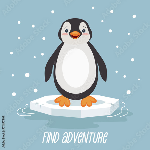 Cute penguin on an ice floe on a blue background with snow. Design for print, children's card, illustration. Vector