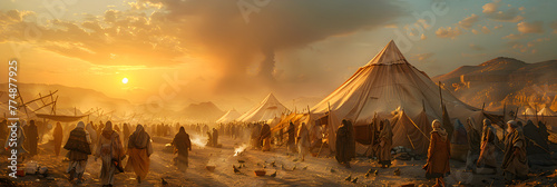 Ancient Israelis Living in Tents During a Wander,
Crowd of middle eastern refugees camp
