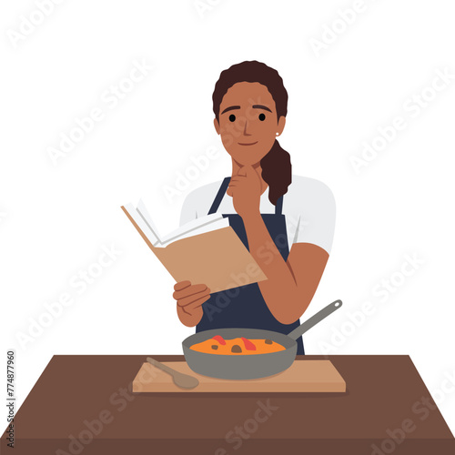 Young woman cook reading recipes and cooking soup. Flat vector illustration isolated on white background