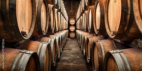 Barrel Room for Wine Aging: Oak barrels lining the cellar, each marked with the vintage year