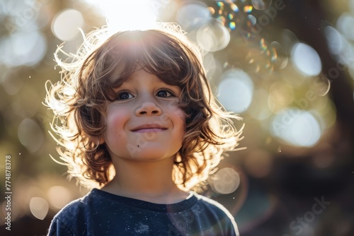 Portrait of a cute little boy in the rays of the sun