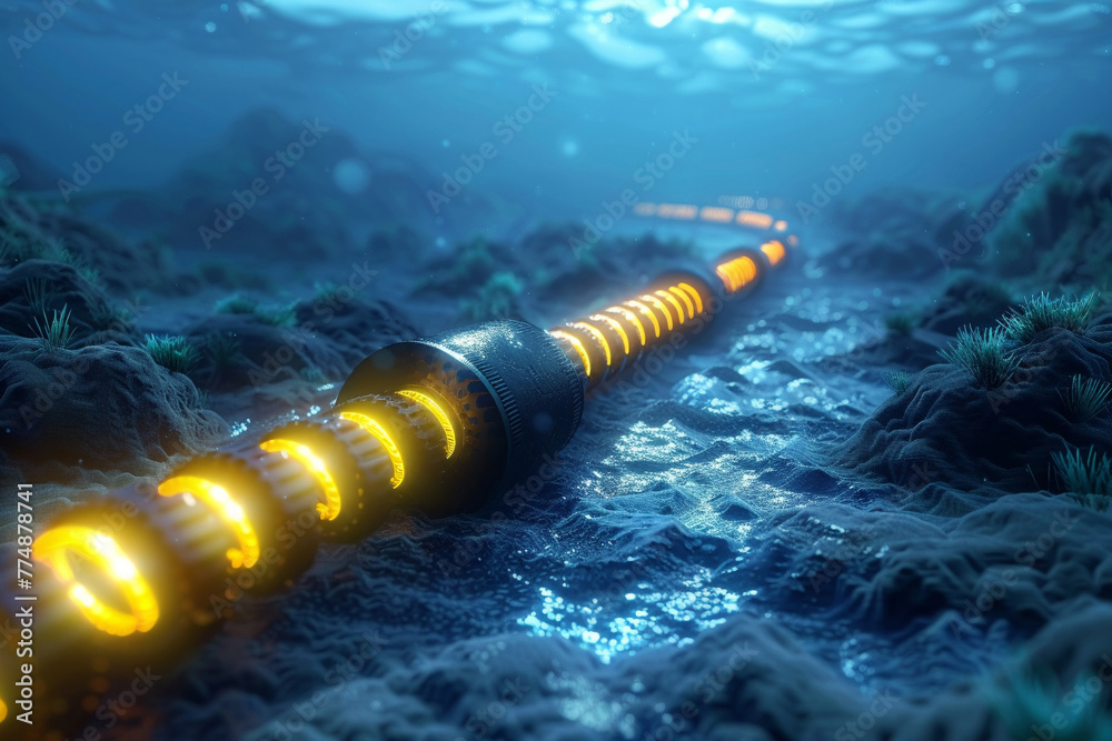 Hightech submarine fiberoptic cable for global underwater communication, data transmission - obrazy, fototapety, plakaty 