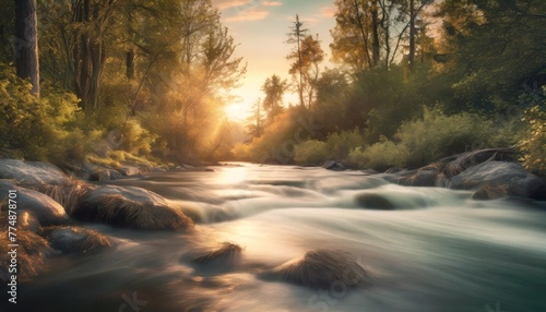 river flowing through the forest calm moody nature background long exposure peaceful green environment 3d render 3d illustration