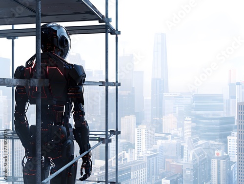 A humanoid robot stands on scaffolding and looks down at the city from a height