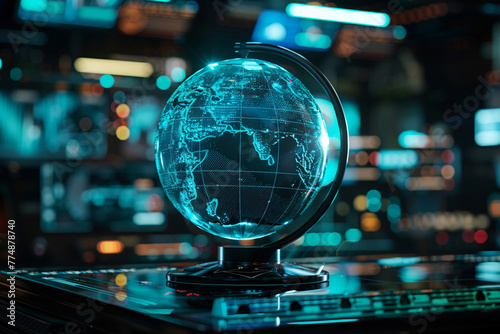 Geopolitical risk analysis on a holographic globe, future corporate strategy setting photo