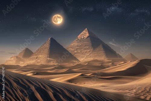 Mystical depiction of a desert landscape, with towering sand dunes, ancient pyramids, and a full moon shining brightly overhead