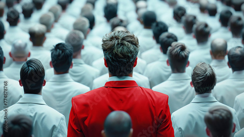 HR headhunting, crowd of whitetied businessmen with one in red, leadership choice photo