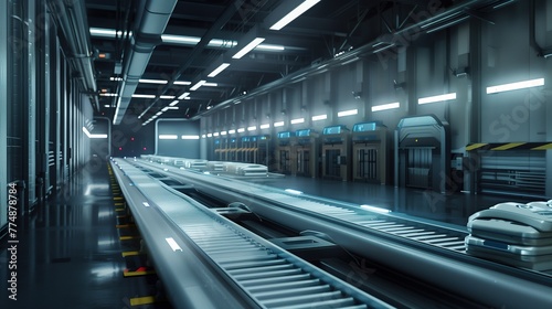 A futuristic depiction of a Modern Delivery Logistics Station Warehouse with Working Automated Conveyor Belt, as if captured by a renowned sci-fi artist