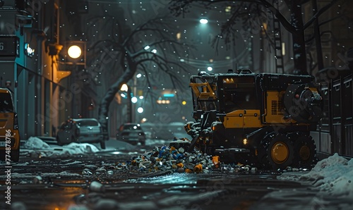 A robotic car cleans up mountains of garbage in a night city