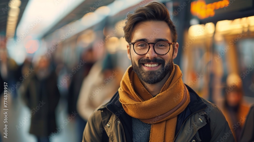 A man with beard and glasses smiling in a subway, AI