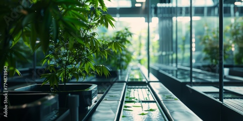 Indoor marijuana grow facility featuring state-of-the-art ventilation systems to manage humidity and temperature. Rows of cannabis plants in carefully monitored soil conditions.