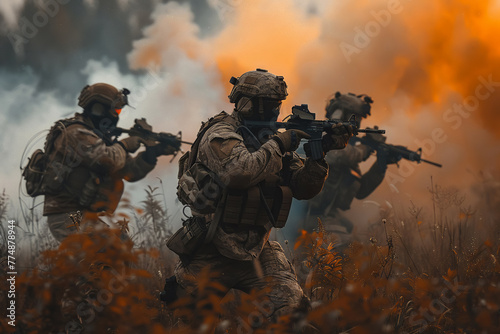 Military special forces in action, seen from the back in a warzone setting