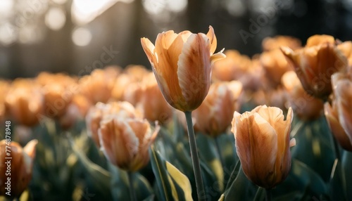 close up of blooming flowerbeds of amazing orange parrot tulips during spring public flower garden netherlands dark moody photo #774878948